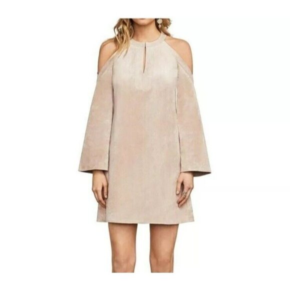 BCBGMAXAZRIA Laguna Shift Dress Sz XS Cold Shoulder Faux Suede Bare Pink Keyhole - Picture 1 of 12
